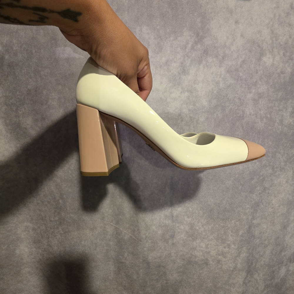 Prada Women's Cream and Blush Cap-Toe Patent Leather Flats - Picture 2 of 12